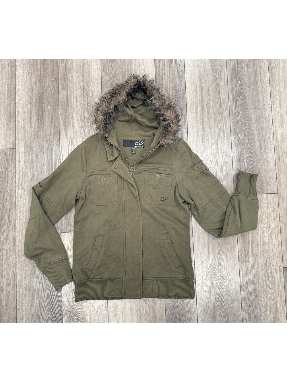 Women's Green Fox Hooded Sweater/ Jacket Size Xl Fox Faux Fur Trim